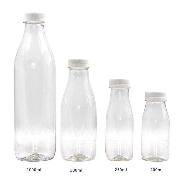 Clear PET juice bottles in a range of sizes